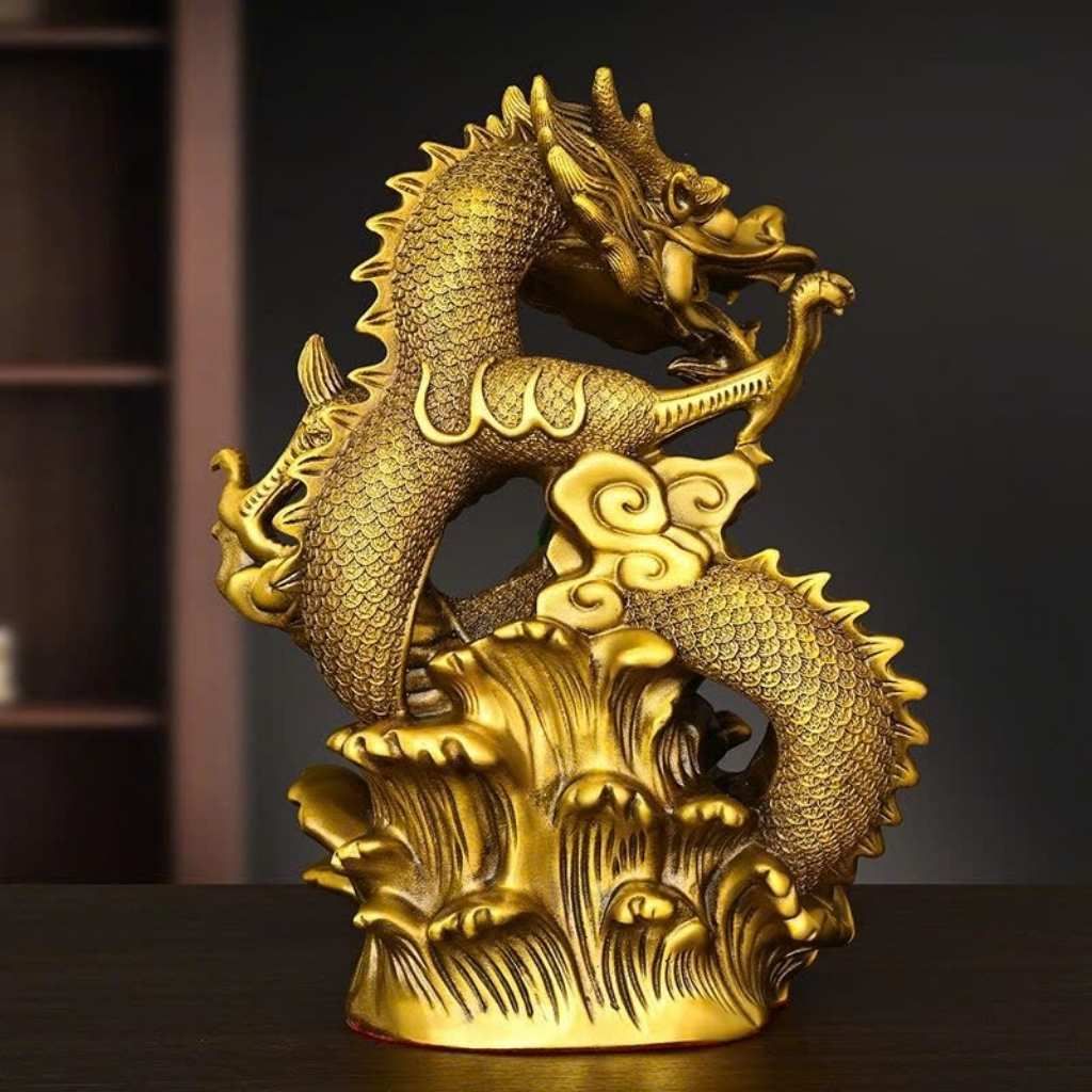  Tượng Rồng Vờn Ngọc Bằng Đồng Vàng Nguyên Khối BKMECN-10431 