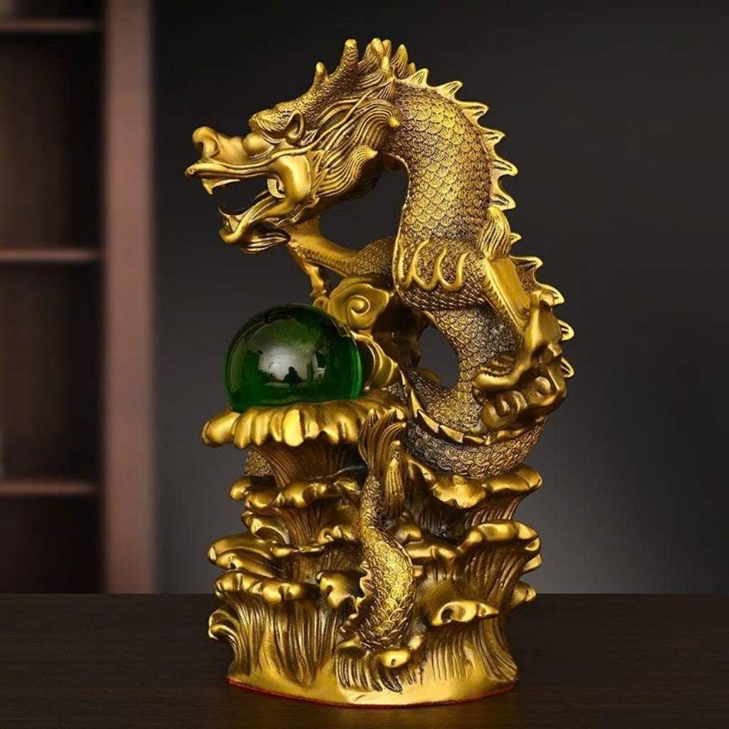  Tượng Rồng Vờn Ngọc Bằng Đồng Vàng Nguyên Khối BKMECN-10431 