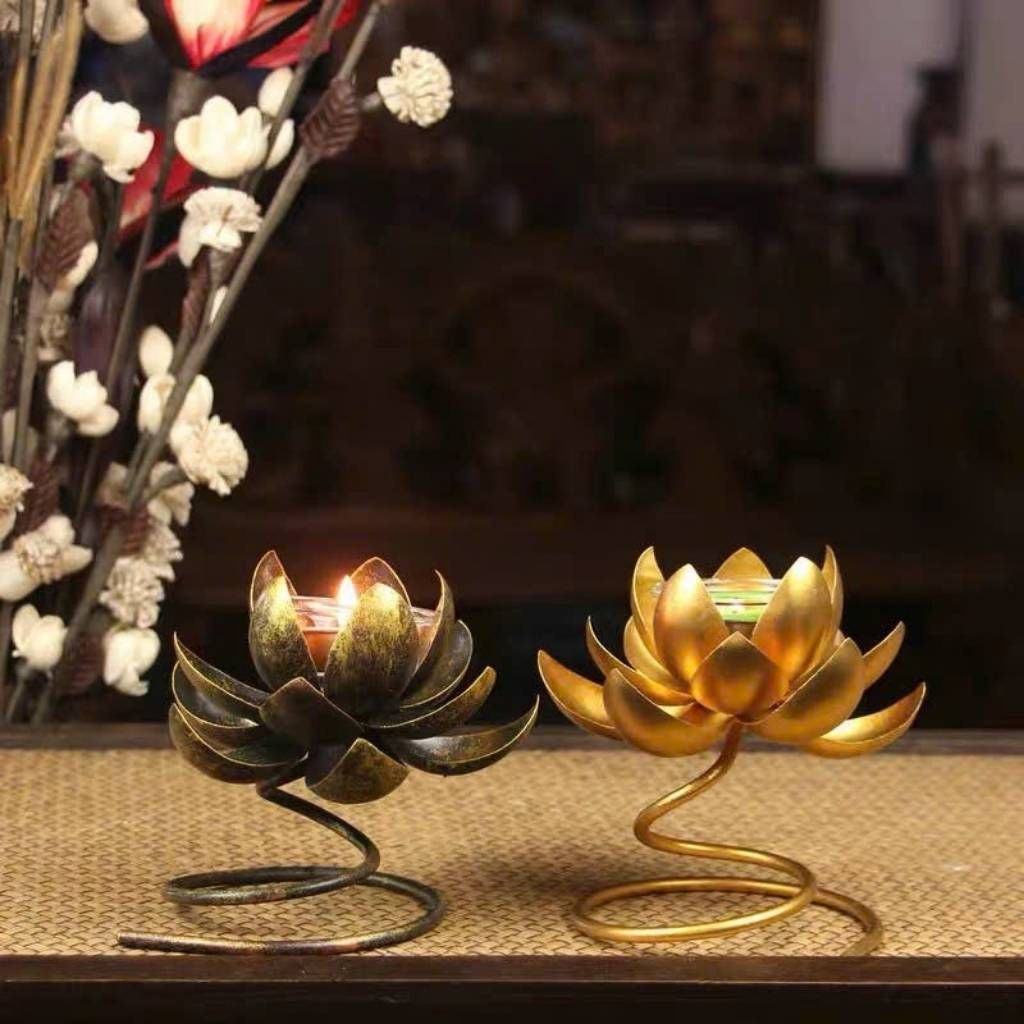  Chân Đế Nến Hoa Sen Dát Vàng BKMECN-10437 