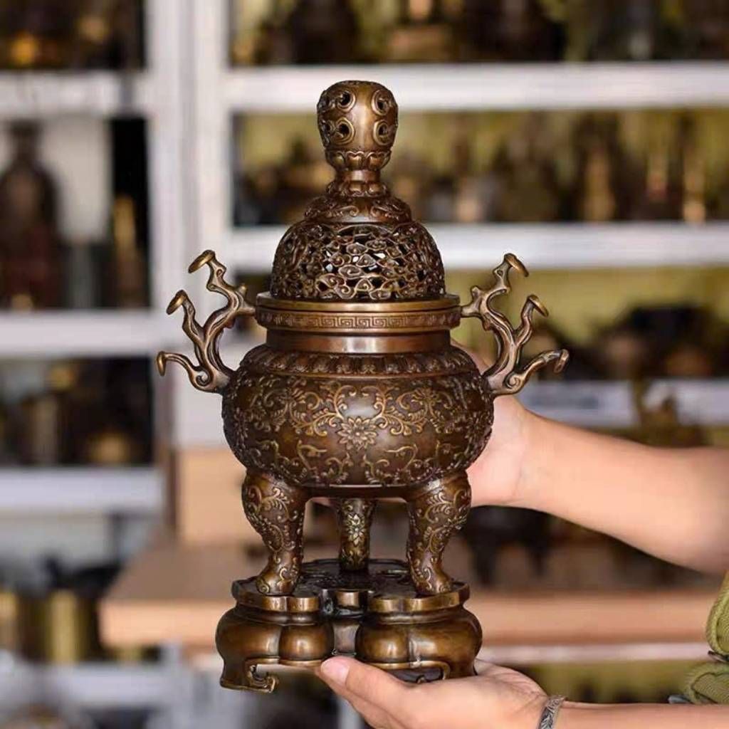  Đỉnh Xông Trầm Bằng Đồng Ba Chân Màu Nâu Giả Cổ BKMECN-9481 