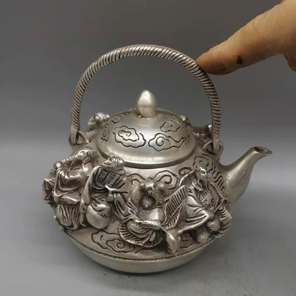  Ấm Trà Đồng Mạ Bạc chạm nổi Bát Tiên BKMECN-9489 