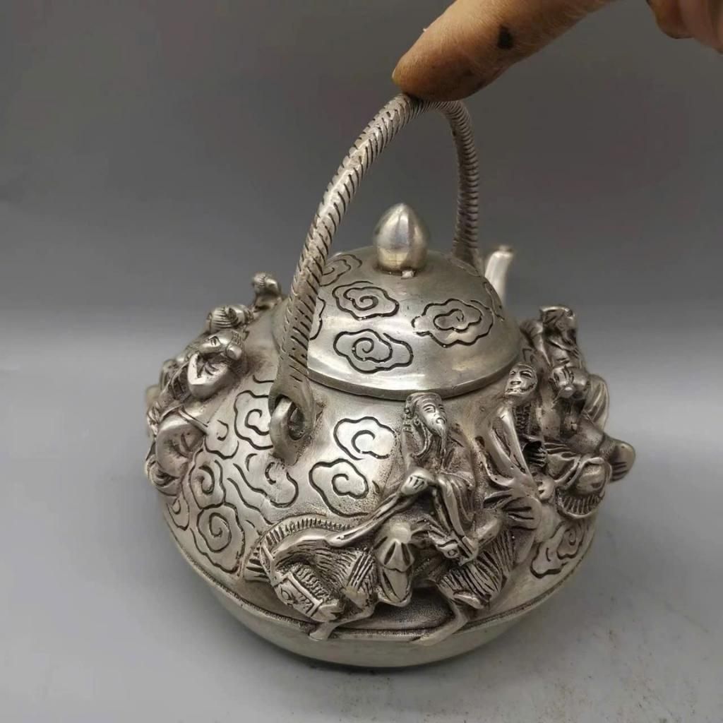  Ấm Trà Đồng Mạ Bạc chạm nổi Bát Tiên BKMECN-9489 