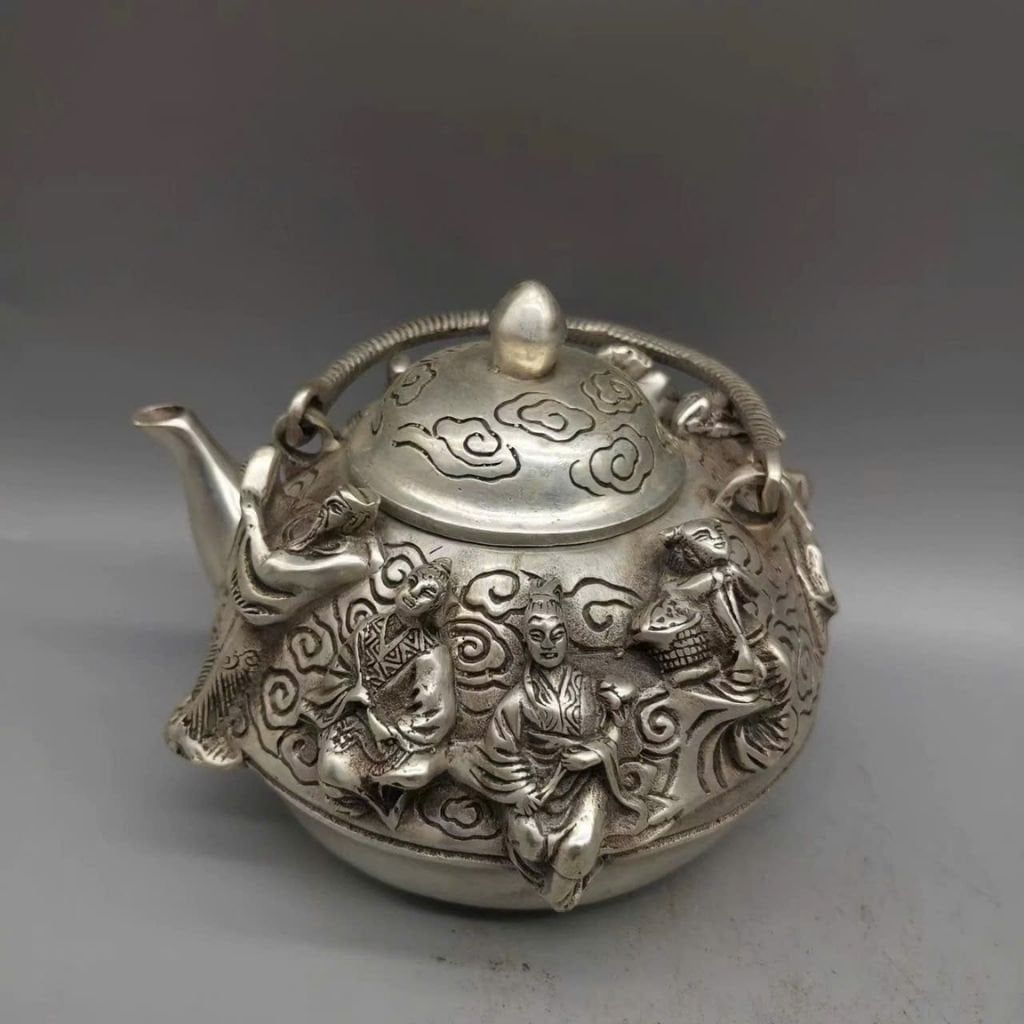  Ấm Trà Đồng Mạ Bạc chạm nổi Bát Tiên BKMECN-9489 