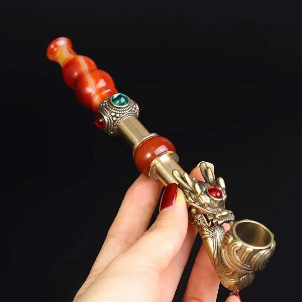  Tẩu Hút Thuốc Đầu Rồng Đồng Cổ Đá Quý BKMECN-9498 