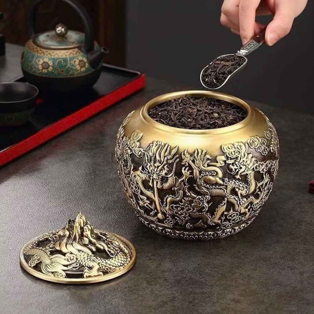  Hộp Đựng Trà Bằng Đồng Họa Tiết Rồng Phượng BKMECN-9604 