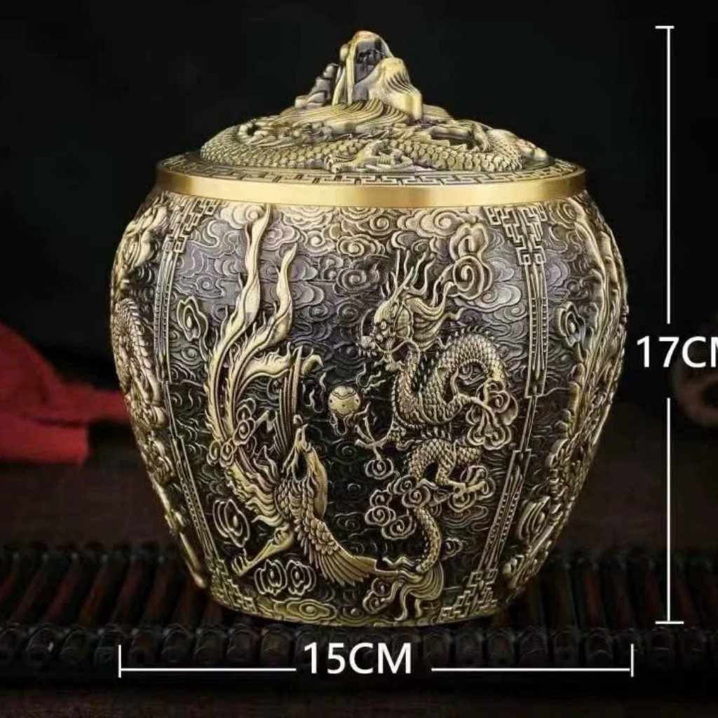  Hộp Đựng Trà Bằng Đồng Họa Tiết Rồng Phượng BKMECN-9604 
