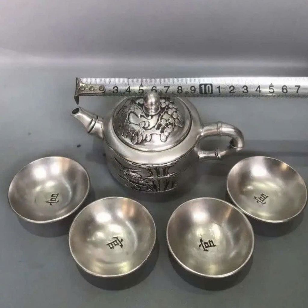  Bộ Ấm Trà Bạc Cổ Sưu Tầm Chạm Khắc Tinh Xảo BKMECN-9636 