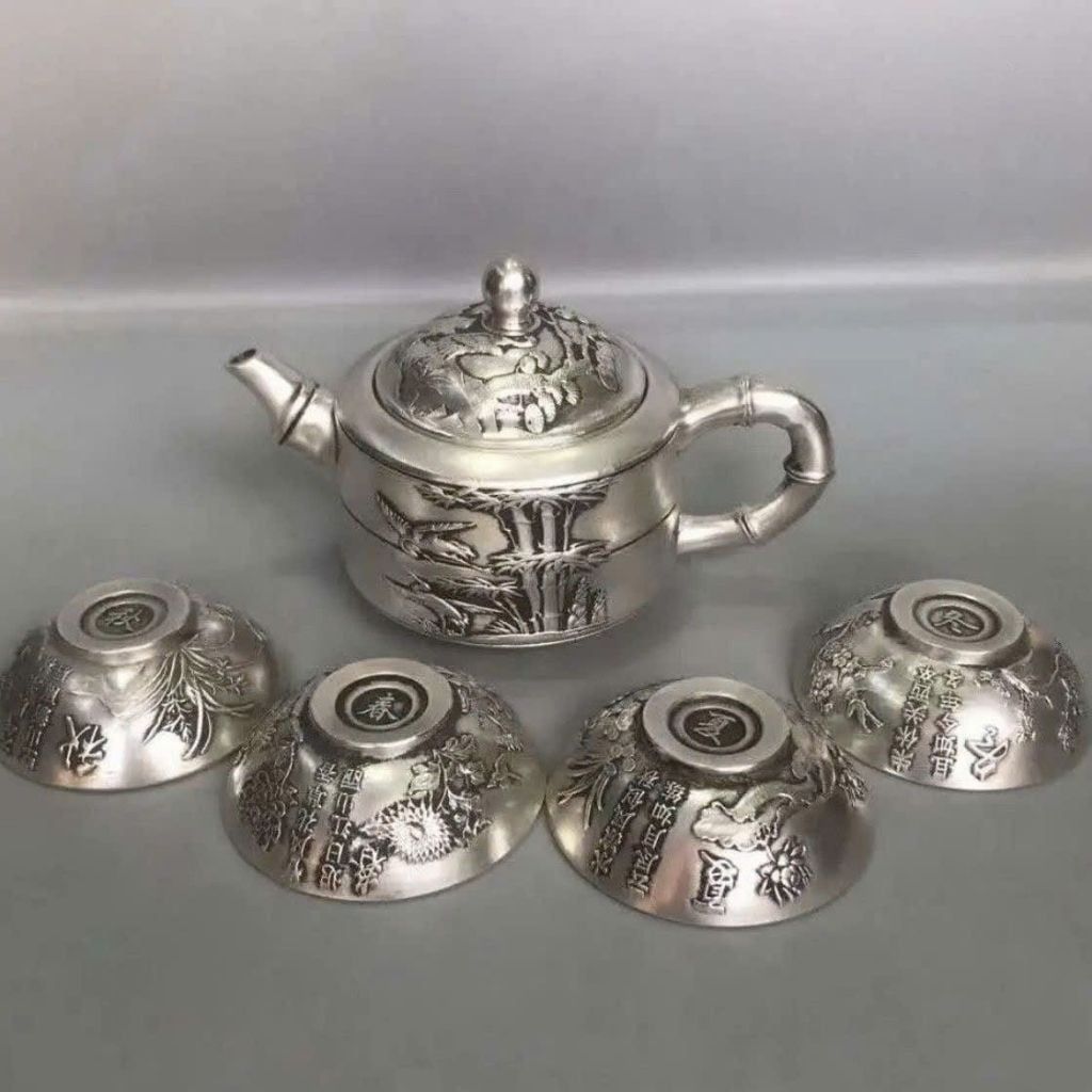  Bộ Ấm Trà Bạc Cổ Sưu Tầm Chạm Khắc Tinh Xảo BKMECN-9636 