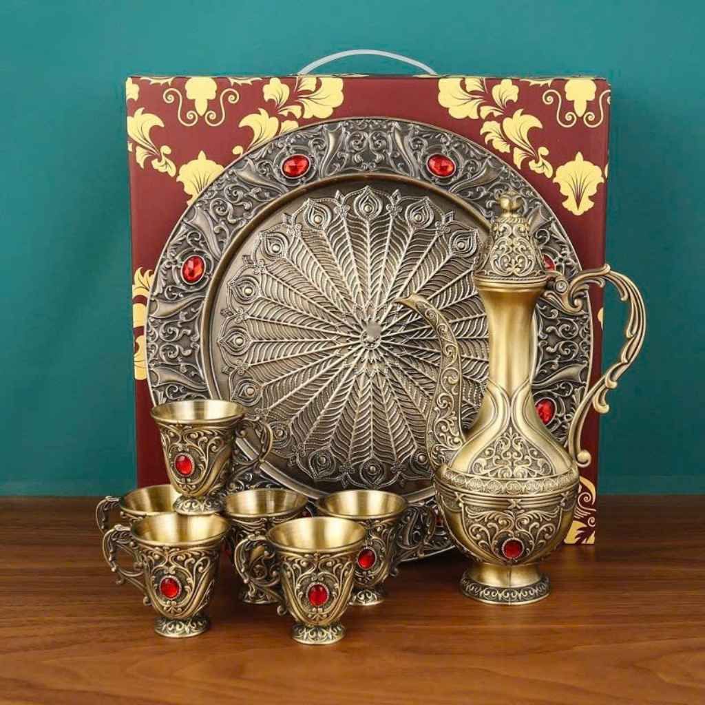  Bộ Ấm Ly Đồng Dáng Cao Đính Đá Ruby Hoàng Gia BKMECN-9667 