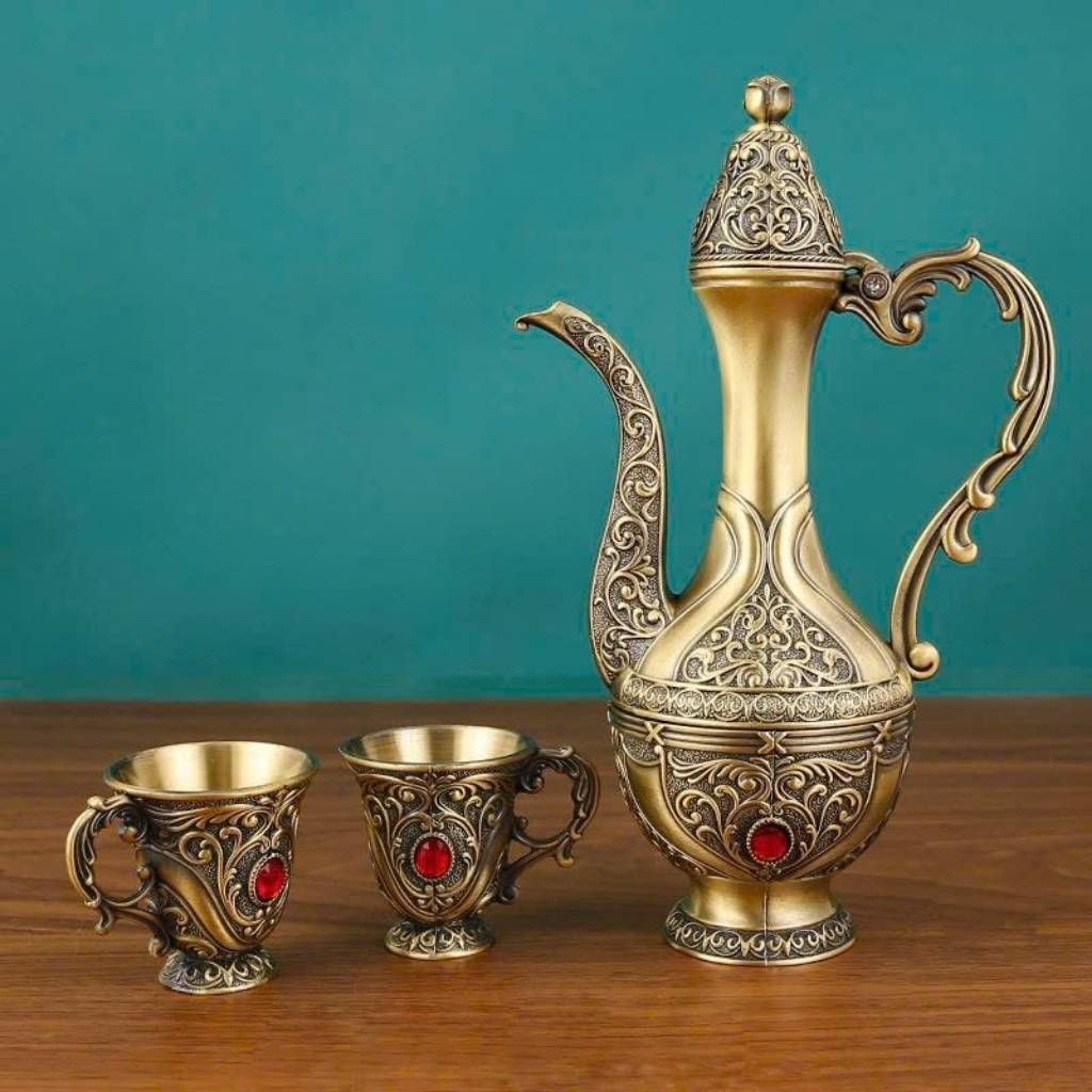  Bộ Ấm Ly Đồng Dáng Cao Đính Đá Ruby Hoàng Gia BKMECN-9667 