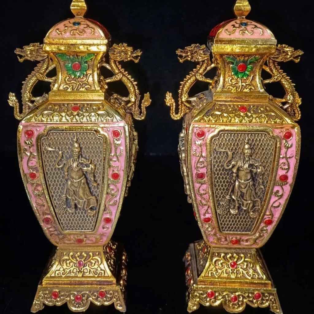  Cặp Bình Đồng Cổ Khảm Men Hồng Phù Điêu Võ Tướng BKMECN-9680 