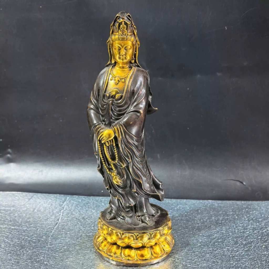  Tượng Phật Bà Quan Âm Đứng Đài Sen Bằng Đồng BKMECN-9722 