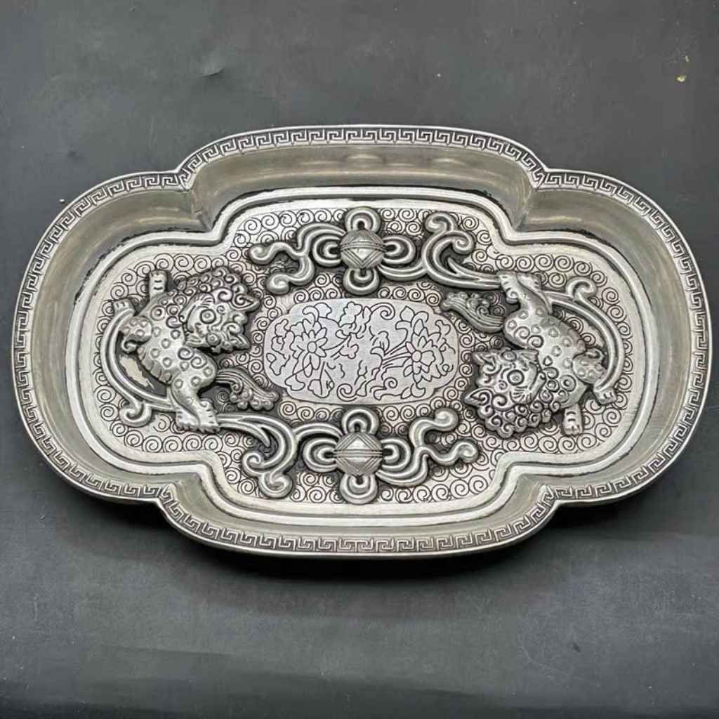  Khay Đồng Mạ Bạc Giả Cổ Song Lân Vờn Ngọc BKMECN-9723 