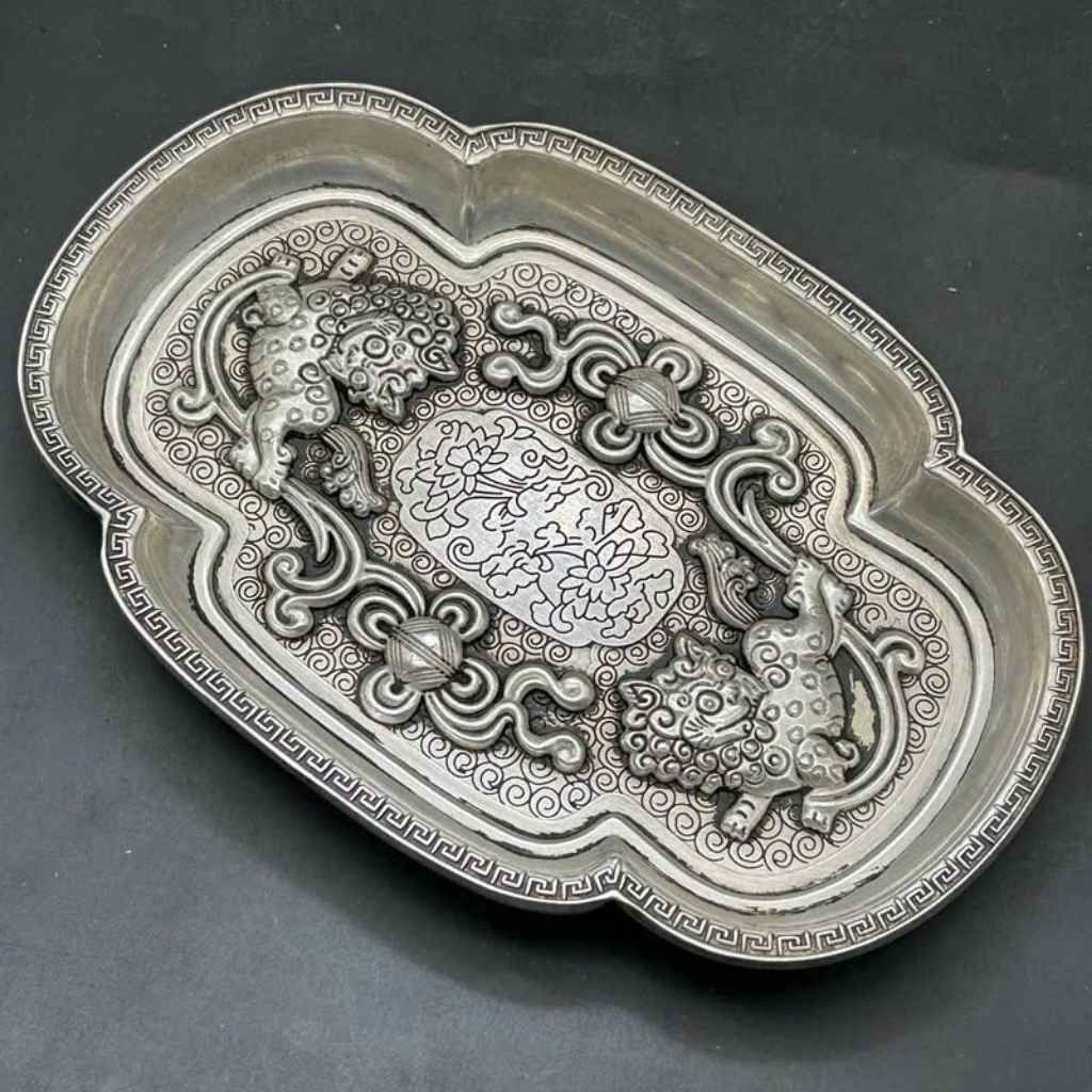  Khay Đồng Mạ Bạc Giả Cổ Song Lân Vờn Ngọc BKMECN-9723 