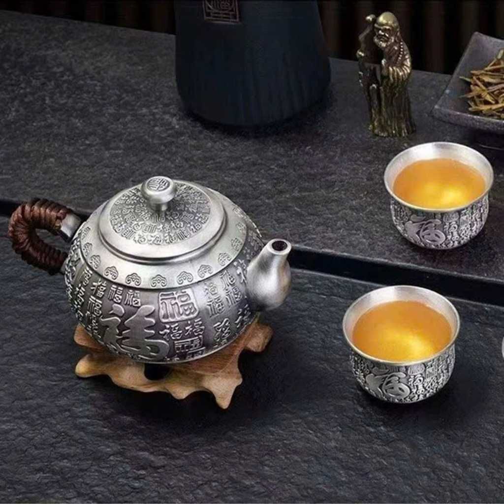  Bộ Ấm Chén Mạ Bạc Chạm Khắc Chữ “Phúc” BKMECN-9741 