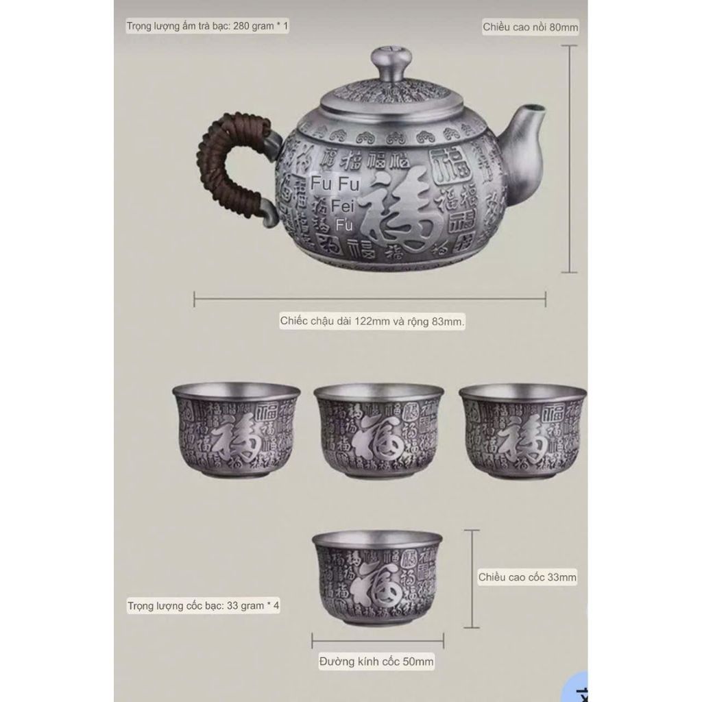  Bộ Ấm Chén Mạ Bạc Chạm Khắc Chữ “Phúc” BKMECN-9741 