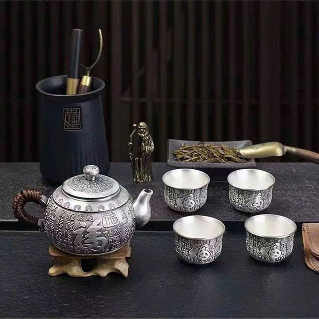  Bộ Ấm Chén Mạ Bạc Chạm Khắc Chữ “Phúc” BKMECN-9741 