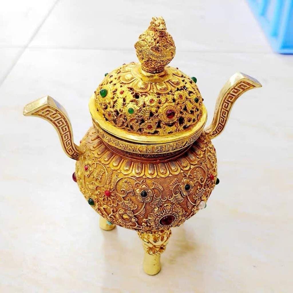  Lư Hương Đồng Mạ Vàng Tai Vạc Đính Ngọc Thủ Công BKMECN-9765 