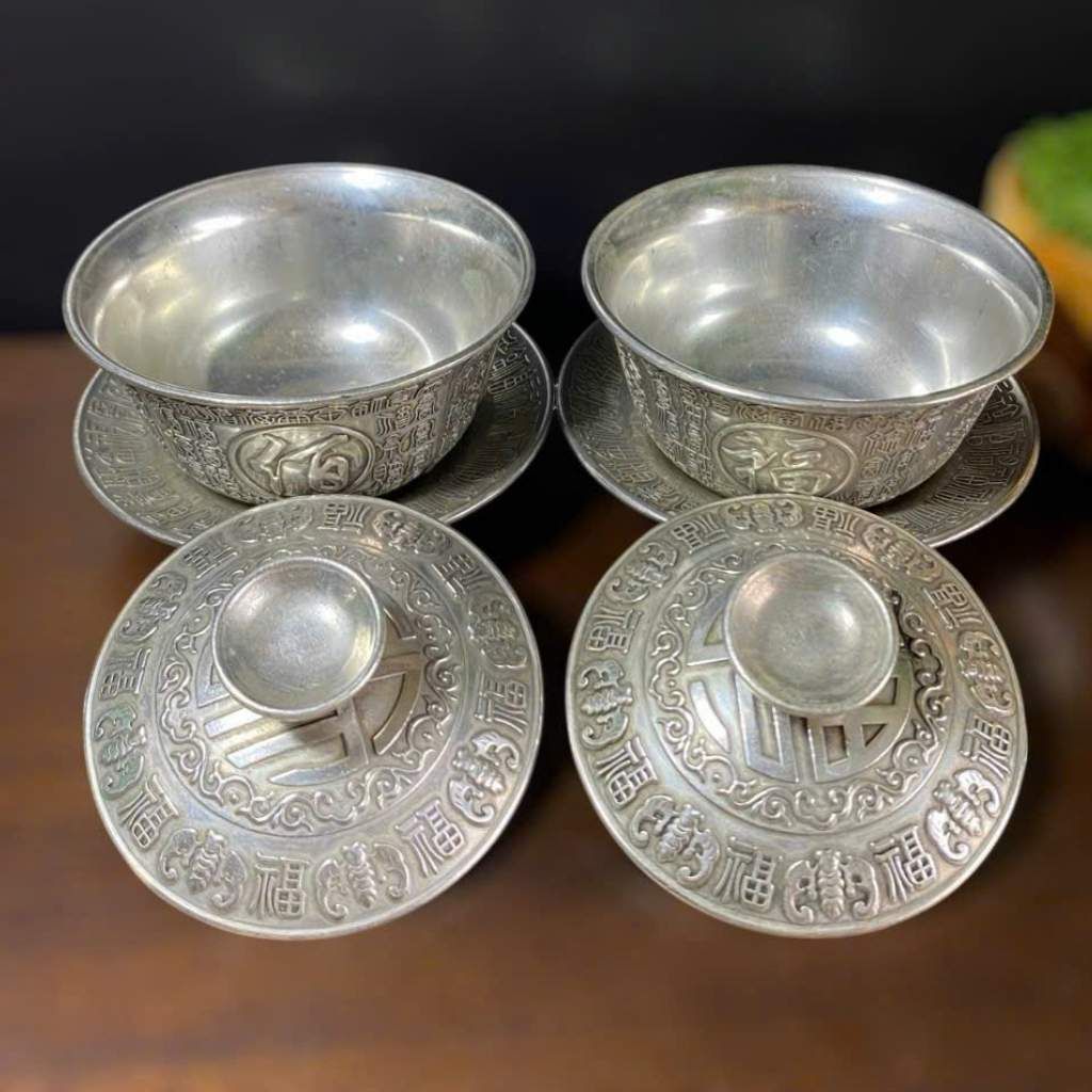  Tách Trà Mạ Bạc Chạm Phúc Lộc Thọ BKMECN-9777 