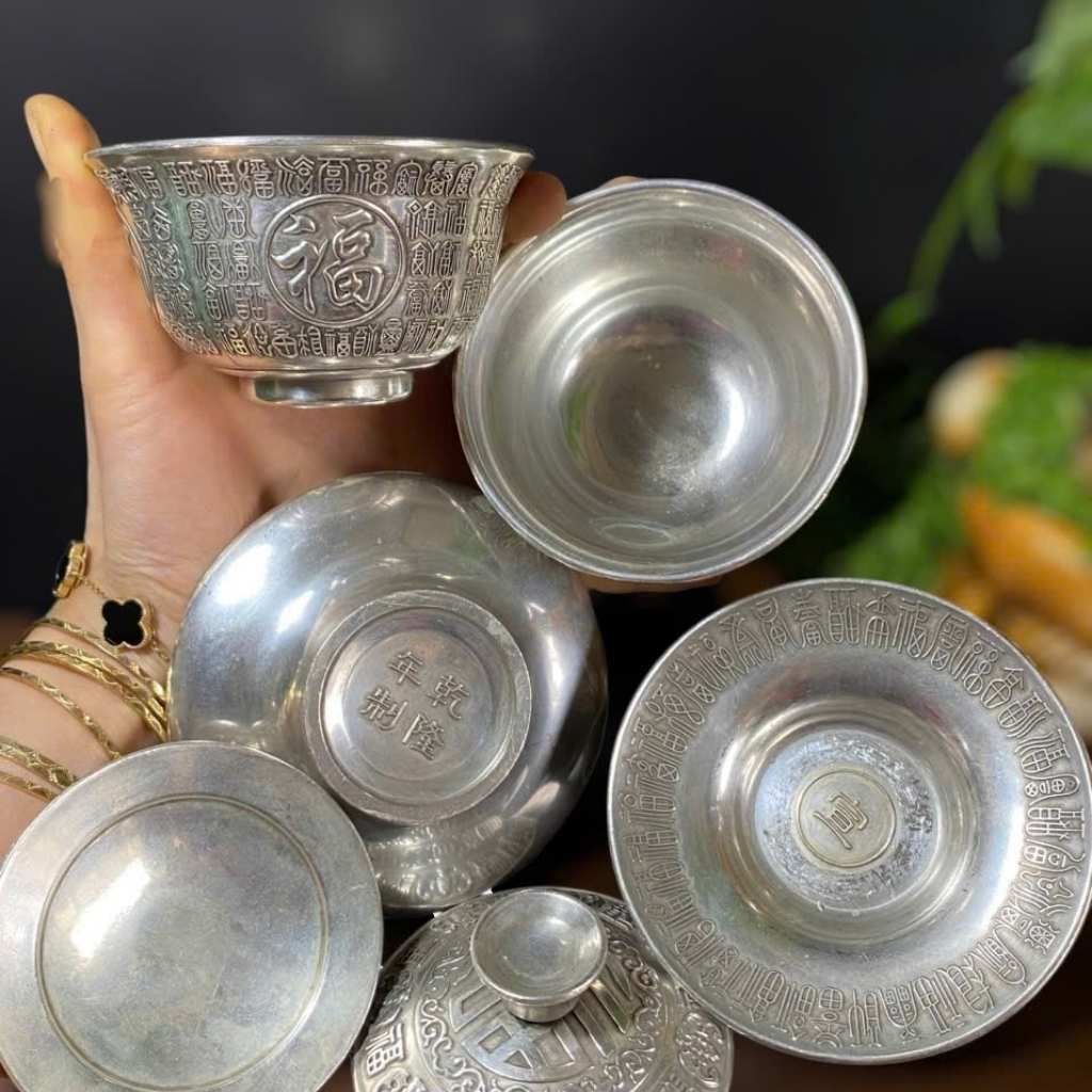  Tách Trà Mạ Bạc Chạm Phúc Lộc Thọ BKMECN-9777 