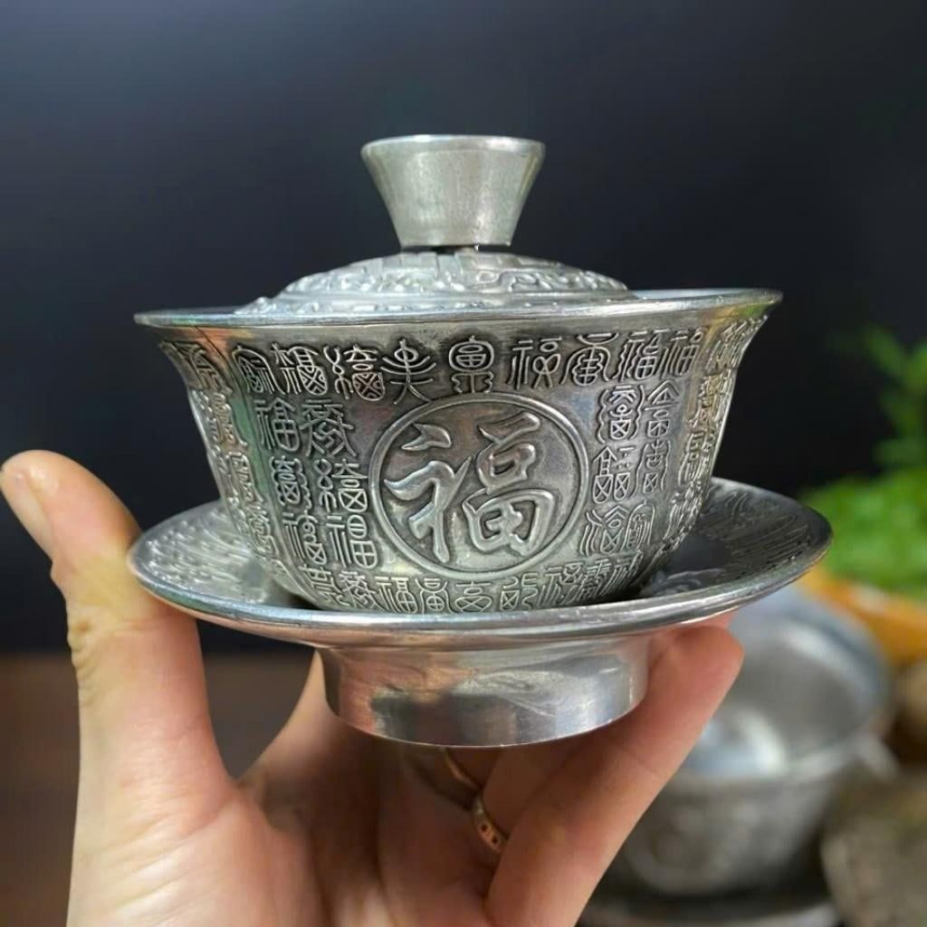  Tách Trà Mạ Bạc Chạm Phúc Lộc Thọ BKMECN-9777 