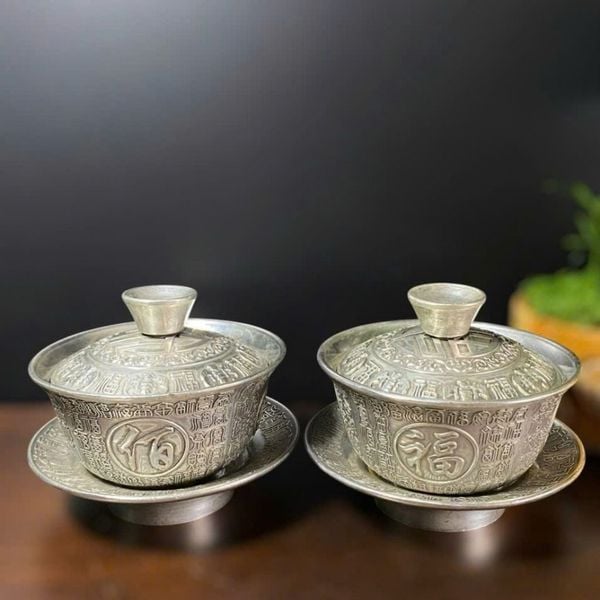  Tách Trà Mạ Bạc Chạm Phúc Lộc Thọ BKMECN-9777 