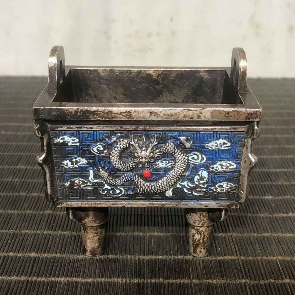  Lư Hương Đồng Mạ Bạc Họa Tiết Rồng Phong Thủy BKMECN-9784 