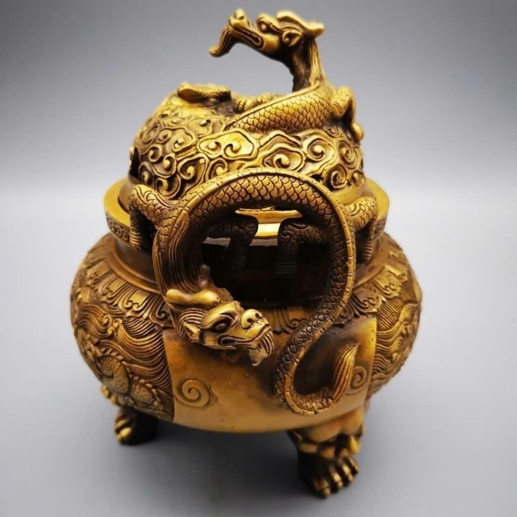  Lư Trầm Đồng Vàng Rồng Cuộn Cao 14cm BKMECN-9824 