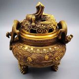  Lư Trầm Đồng Vàng Rồng Cuộn Cao 14cm BKMECN-9824 