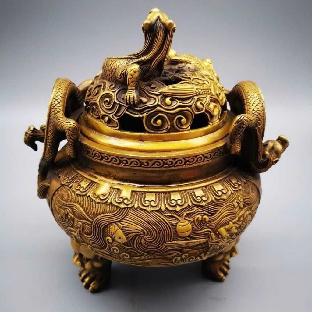  Lư Trầm Đồng Vàng Rồng Cuộn Cao 14cm BKMECN-9824 