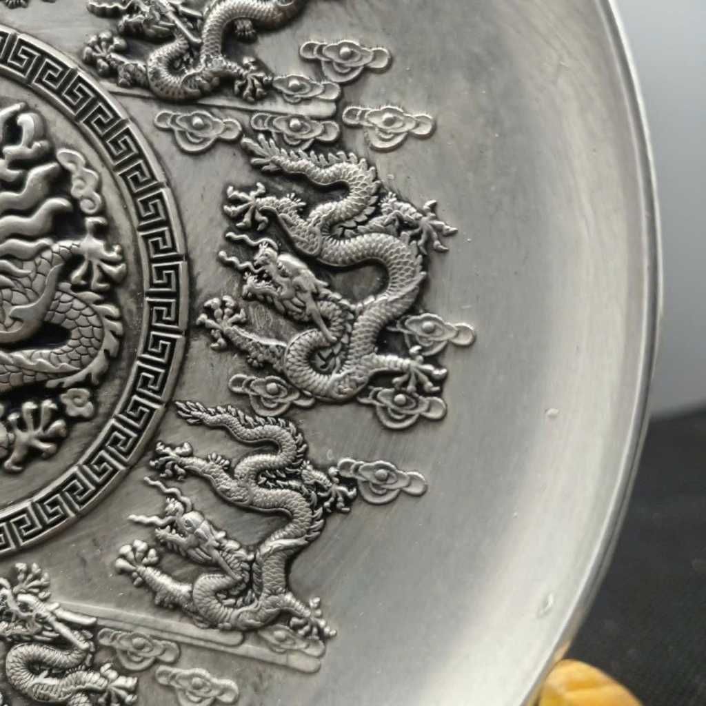  Đĩa Đồng Mạ Bạc Chạm Rồng 16cm BKMECN-9841 