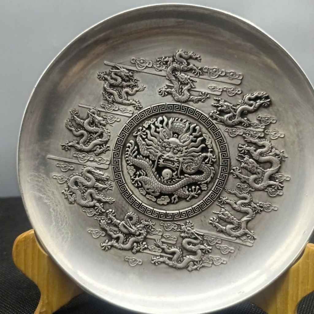  Đĩa Đồng Mạ Bạc Chạm Rồng 16cm BKMECN-9841 