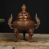  Lư Đốt Trầm Đồng Đỏ Giả Cổ Chạm Khắc Song Long BKMECN-9906 