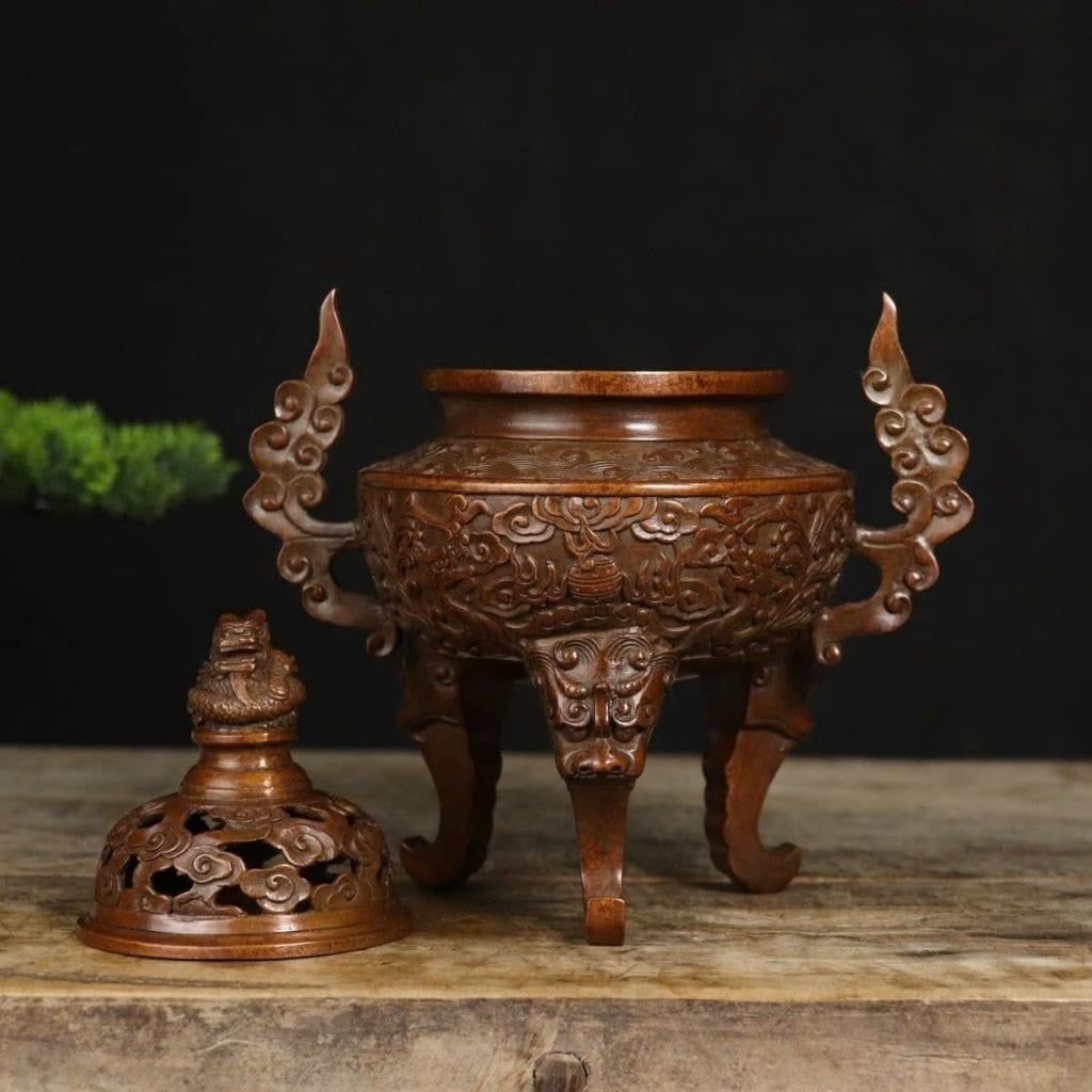  Lư Đốt Trầm Đồng Đỏ Giả Cổ Chạm Khắc Song Long BKMECN-9906 