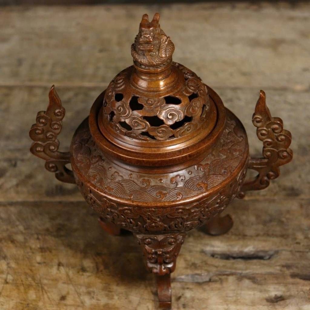  Lư Đốt Trầm Đồng Đỏ Giả Cổ Chạm Khắc Song Long BKMECN-9906 