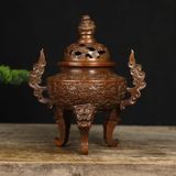  Lư Đốt Trầm Đồng Đỏ Giả Cổ Chạm Khắc Song Long BKMECN-9906 