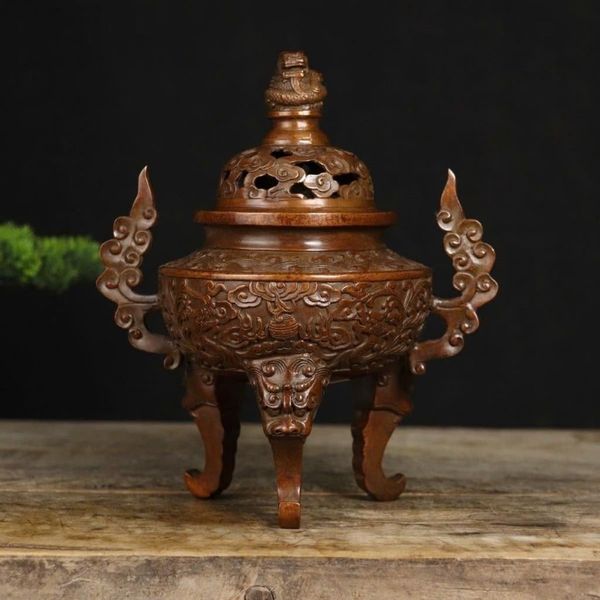  Lư Đốt Trầm Đồng Đỏ Giả Cổ Chạm Khắc Song Long BKMECN-9906 