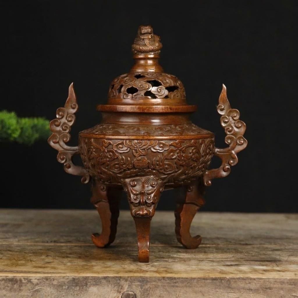  Lư Đốt Trầm Đồng Đỏ Giả Cổ Chạm Khắc Song Long BKMECN-9906 