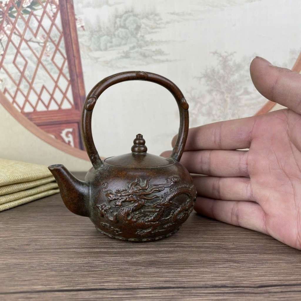  Ấm Trà Đồng Quai Xách Chạm Rồng Nổi Giả Cổ BKMECN-9907 