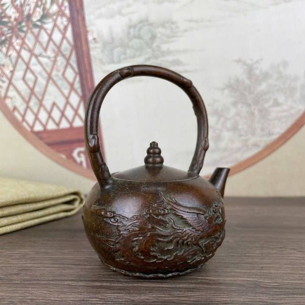  Ấm Trà Đồng Quai Xách Chạm Rồng Nổi Giả Cổ BKMECN-9907 