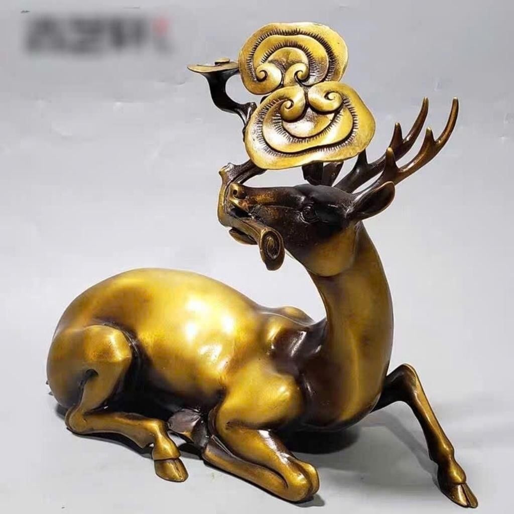  Cặp Tượng Hươu Ngậm Linh Chi Đồng Vàng Đẹp BKMECN-9976 