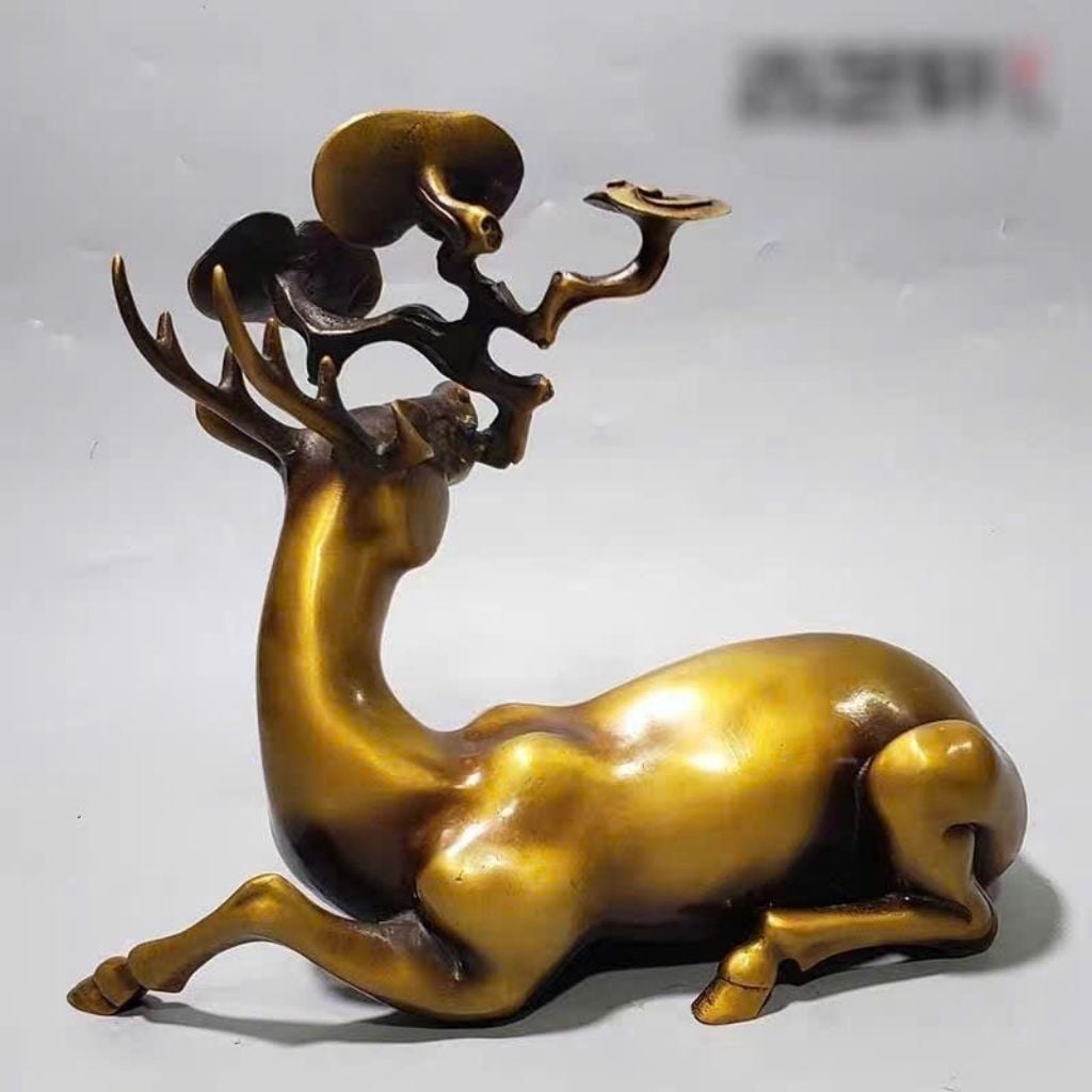  Cặp Tượng Hươu Ngậm Linh Chi Đồng Vàng Đẹp BKMECN-9976 