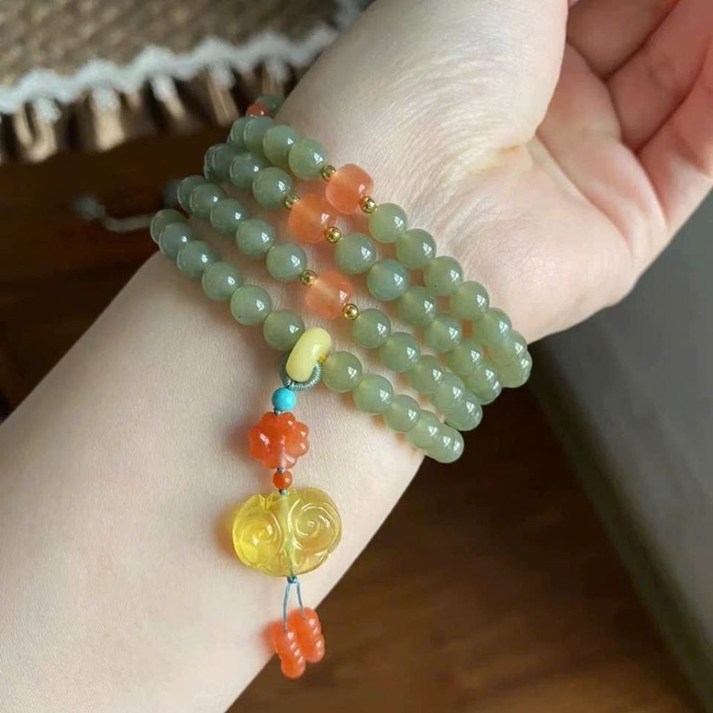 Chuỗi Hạt Đá Xanh 108 Hạt Phối Charm Mật Ong Đỏ BKSTCN-9293 