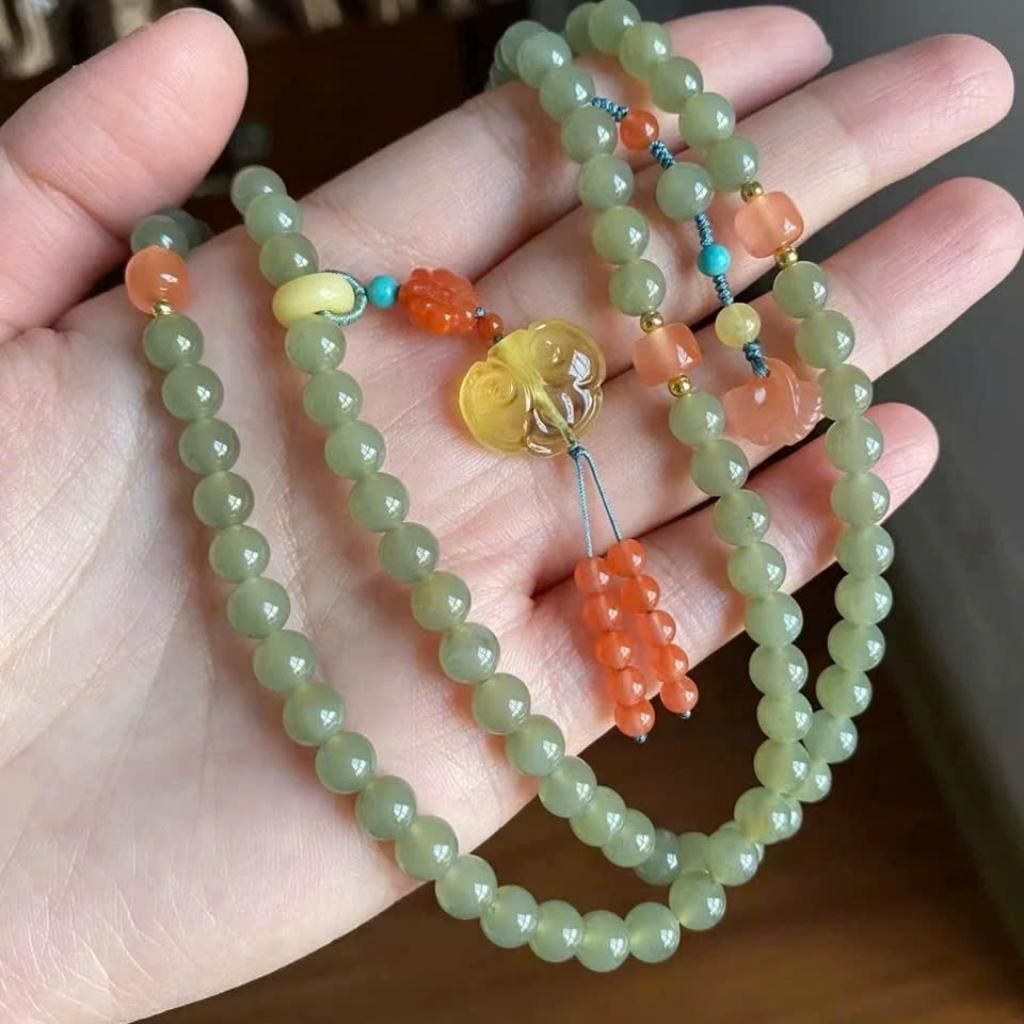  Chuỗi Hạt Đá Xanh 108 Hạt Phối Charm Mật Ong Đỏ BKSTCN-9293 