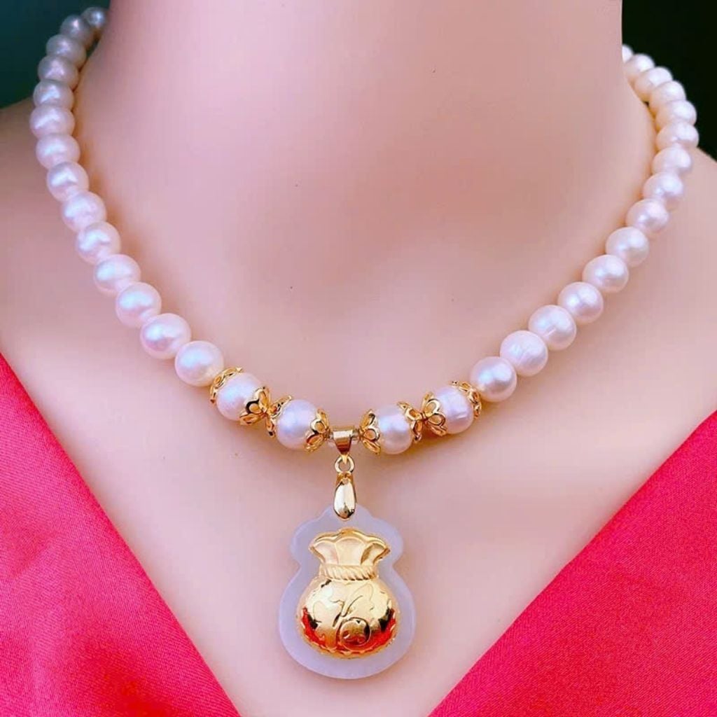  Vòng cổ ngọc trai 9 ly mix vàng non BKSTCN-9308 