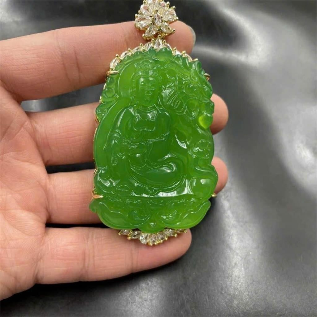  Mặt dây chuyền Quan Âm ngọc xanh khắc Rồng BKSTCN-9322 