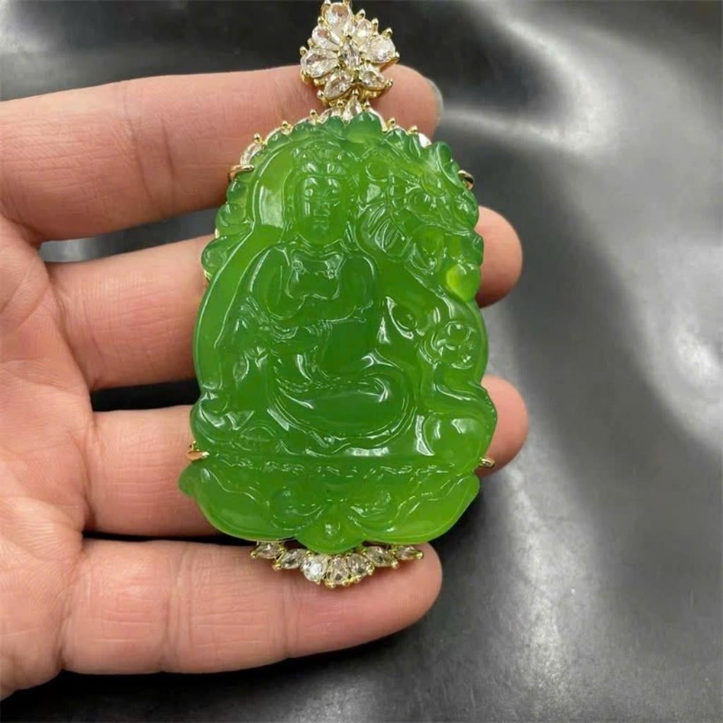  Mặt dây chuyền Quan Âm ngọc xanh khắc Rồng BKSTCN-9322 