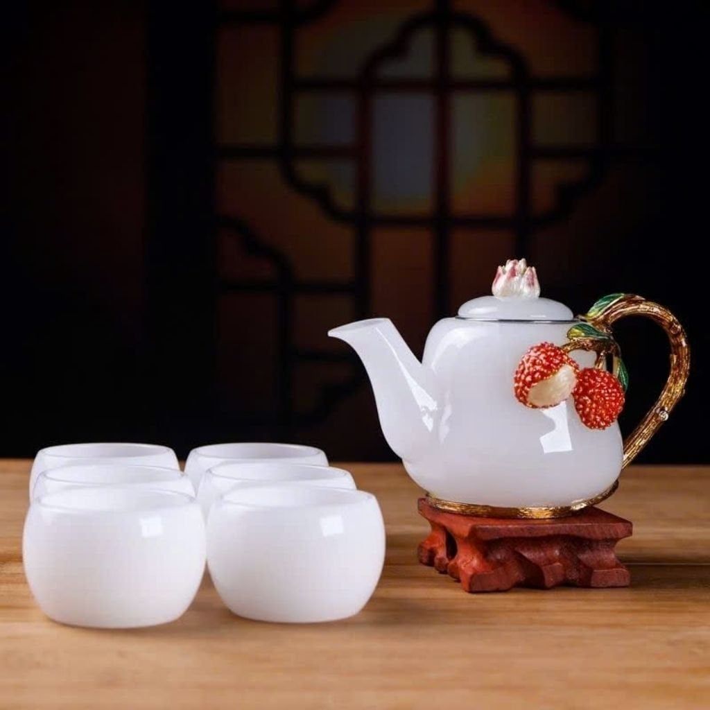  Bộ Ấm Chén Sứ Bạch Ngọc Họa Tiết Mạ Vàng BKSTCN-9472 
