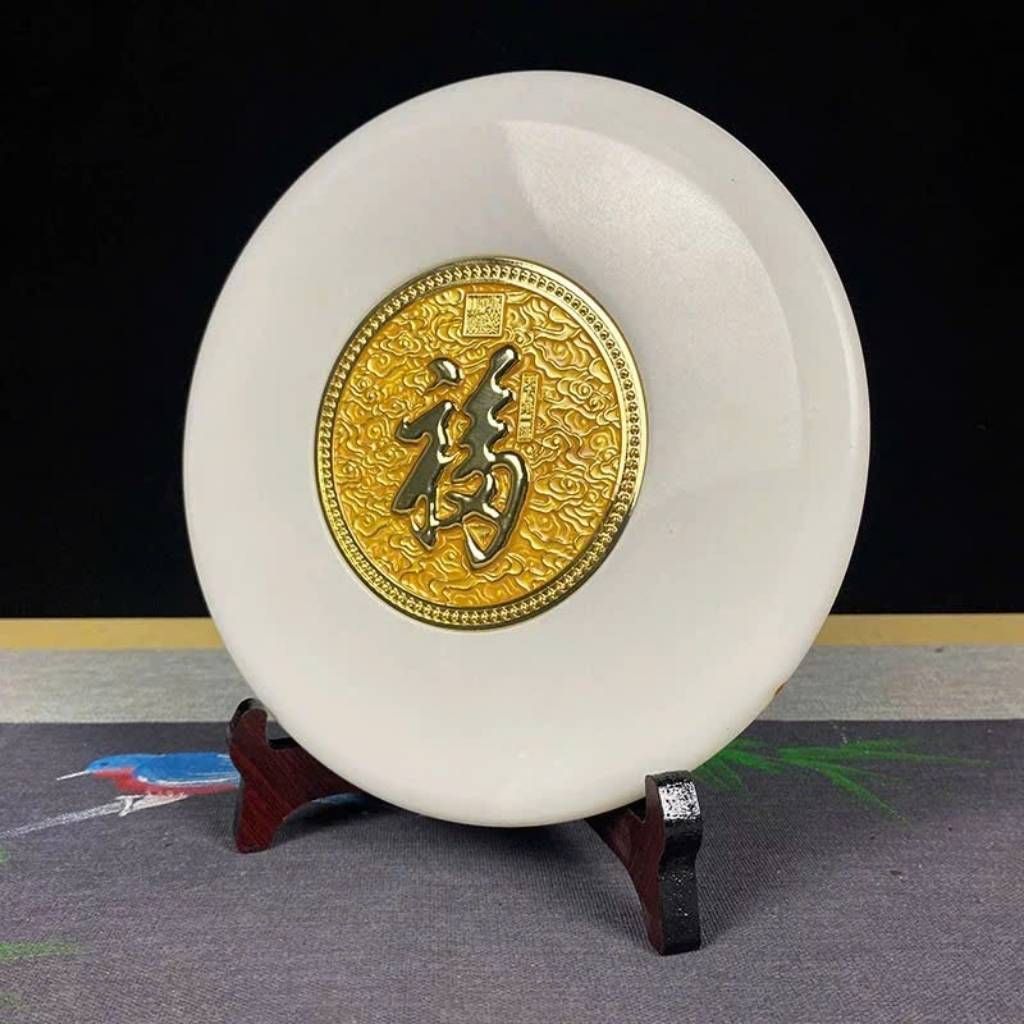 Đĩa Đá Ngọc Chữ Phúc Mạ Vàng Cao Cấp BKSTCN-9565 