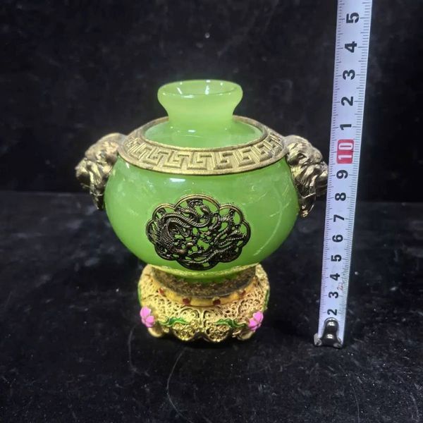  Bình Ngọc Xanh Bọc Đồng Chạm Rồng BKSTCN-9597 